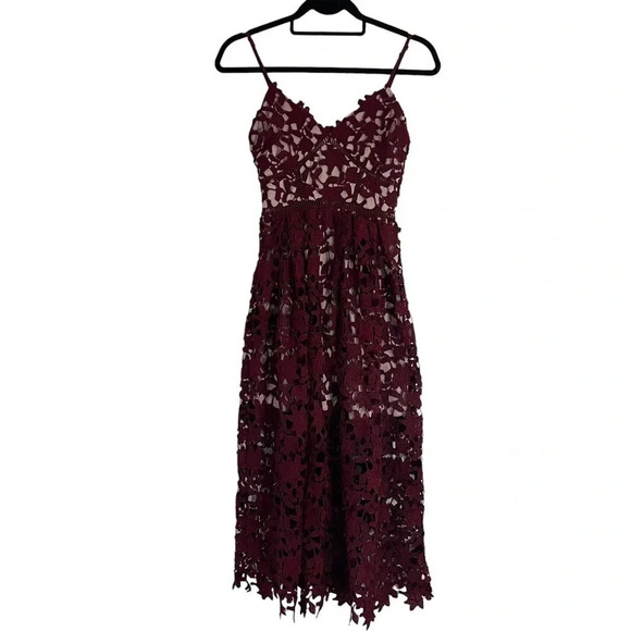 Aqua Red Maroon Lace Dress XS Midi Length Spaghetti Strap V Neck Cocktail Formal - Picture 3 of 12